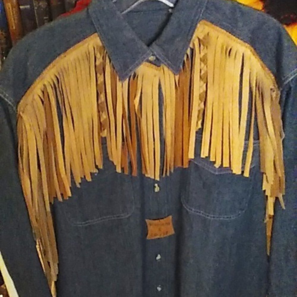 Vintage Men's M Denim Shirt Leather Fringe One of a Kind, Hand Cut Fringe NWT